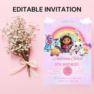 Modelo de convite de aniversário editável da Gabbys Dollhouse, convites para festa de aniversário para imprimir, convite digital para festa de aniversário, cartão de convite de aniversário