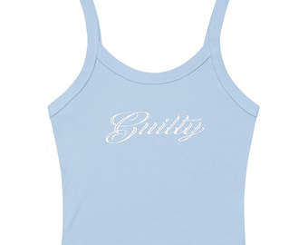Blue Ribbed Tank Top | Women’s Guilty Graphic Shirt | Sporty Athleisure Summer Top