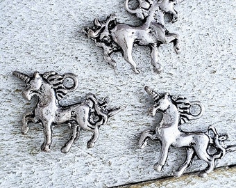 Set of 3, Antique Silver Finish Unicorn Charms