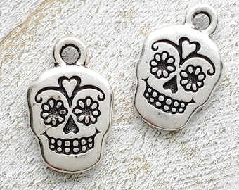 2 Sided, Sugar Skull, Day of the Dead, TierraCast Silver Plated Pewter Dia De Los Muertos  Pendant  Charm, Qty: 2