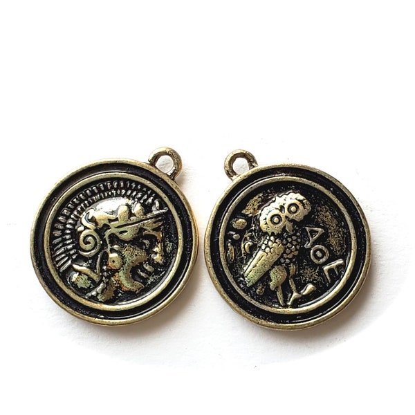 Athena's Owl Coin, Gold Tone 2 Sided Coin Pendants / Charms, Qty: 2