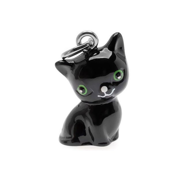 3-D Hand Painted Resin Black Cat With Green Eyes  Charm, Qty 1