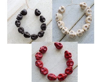 Red, Black or White Turquoise Howlite, 10 mm, Skull Beads, Qty.10