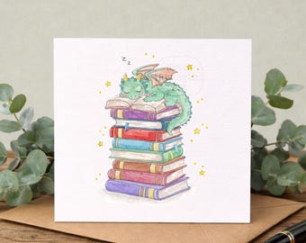 Tarjeta de felicitación de fantasía / Tarjeta de dragón / Tarjeta en blanco / Tarjeta para amantes de los libros / Interior en blanco / Libro romántico / Tarjeta de cumpleaños original para amantes de la lectura