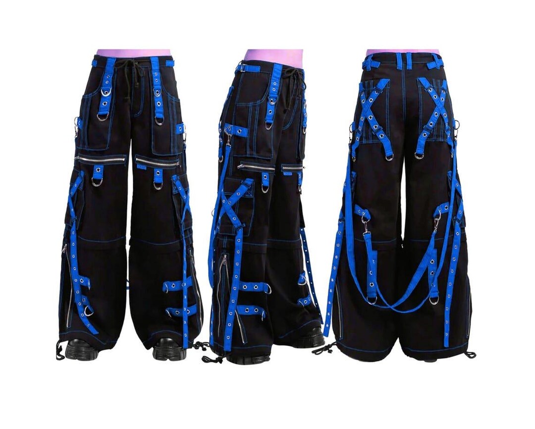 Handmade Gothic Cargo Pants: Blue Straps, Chains, Steampunk