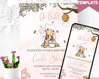 Winnie the Pooh Baby Shower Invitation: Oh Girl, Printable Template (Digital Download)