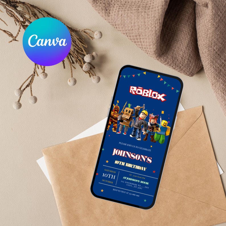 Roblox Birthday Invitation Template: Game Party, Editable Canva Design ...