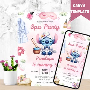 Może przedstawiać: Różowy i biały szablon zaproszenia na Spa Party z postacią z kreskówki, ilustracjami w tematyce spa i tekstem "Spa Party". Zaproszenie zawiera szczegóły imprezy.