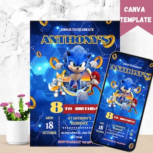 Sonic Editable Birthday Invitation, Hedgehog Party Invitation Template Printable, For Boy and Girl Invitation, Invite Instant Download