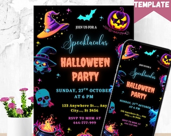 Neon Halloween Party Invite Template: Spooky Glow, Editable (Instant Download)