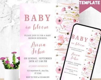 Inbjudan till babyshower med vintageblommor: Redigerbar mall (5x7, 1080x1920 px)