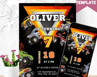 Plantilla editable de invitación de cumpleaños de Monster Truck para niños