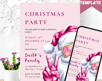 Funny Pink Santa Christmas Party Invitation: Editable Digital Template