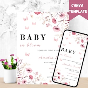 Baby in Bloom Invitation, Butterfly Baby Shower Invitation Girl, Pink Purple Butterflies Wildflower Invite, Printable Baby in Bloom Shower