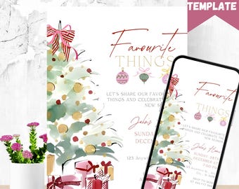 May include: A Christmas-themed invitation template with the text "Favourite Things". The design features a watercolor Christmas tree, gift boxes, and ornaments. A smartphone displays the invitation. A small pot of pink flowers is on the left.