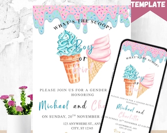 Ice Cream Gender Reveal Invitation: Digital Printable (5x7 in, 1080x1920 px, 2x3.5 in Tag)