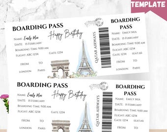 Modello di carta d'imbarco per viaggio a sorpresa: biglietto di vacanza di compleanno modificabile (PDF)