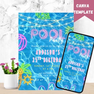 Pool Party Invitation, Text Invitation, Iphone Invitation, Neon Evite, Summer Swimming Pool Party, Girls Birthday Invite, Electronic Invite