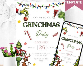 Grinchmas Party Invitation, Canva Editable Template (Digital)