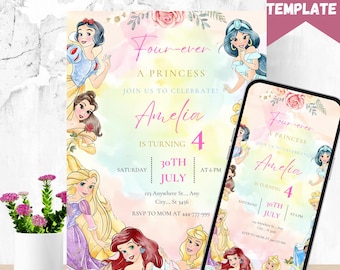 May include: A princess-themed birthday invitation featuring illustrations of Disney princesses. The invitation reads "Four-ever A Princess" and "Amelia is turning 4." The design includes a smartphone displaying the same invitation.