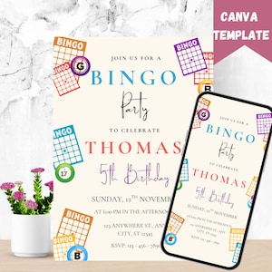 May include: A Bingo party invitation template with a cream background, featuring colorful bingo cards and text. The invitation is for Thomas's 5th birthday, with details on date, time, and location. A smartphone displays the same invitation.