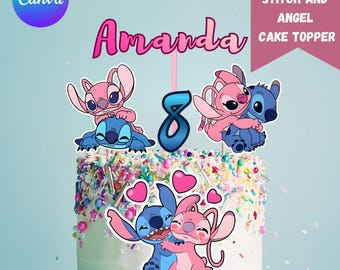 Adorno para tarta personalizado de Stitch y ángel: Decoración para fiesta de cumpleaños