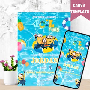 May include: A Minions-themed pool party invitation. The design features a blue water background with Minions characters, a pineapple, and balloons. The text reads "Pool Party" and "Join us to celebrate Jordan is turning 5". A smartphone displays the same design.