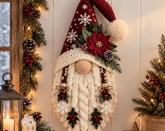 Christmas Gnome Crochet Pattern, Holiday Wall Hanging PDF, Crochet Gnome Door Decor, Poinsettia Christmas Gnome Pattern