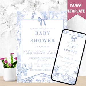 Blue Toile Safari Baby Shower Invitation, Safari Animal Baby Boy Shower Digital Invite, Toile de Jouy Baby Shower Invite Dusty Blue Safari