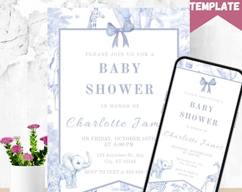 Invitación para baby shower con temática safari de toile azul: descarga digital