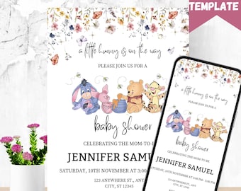 Winnie the Pooh Baby Shower Invitation: Floral Canva Template (Digital Printable 5x7" )
