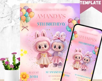 Modello di invito di compleanno Labubu modificabile: invito per feste stampabile (modello Canvas, download immediato)