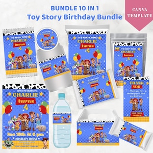 May include: A digital Toy Story birthday party bundle template featuring blue backgrounds with cow print borders. The designs include text reading Charlie turns 4, with illustrations of various animated characters, balloons, and party details.