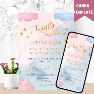 Twinkle Twinkle Little Star Gender Reveal Invitation, Gold Moon and Stars Gender Reveal Party Invite Template, He Or She, Boy Or Girl