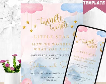 Twinkle Star Gender Reveal Invitation: Gold Moon Template (Digital Download 5x7"/1080x1920px )