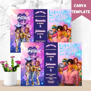 May include: Two birthday party invitation templates. The invitations feature colorful graphics of animated characters and the text "HUNTR/X" and "K-POP DEMON HUNTERS". The invitations include the names "Amanda" and "Johnson", and the age "5". The Canva template is in the upper right corner.