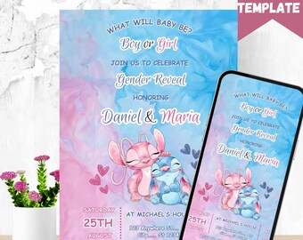 Stitch Gender Reveal Invitation Template: Pink & Blue Baby Shower (Canva Editable, Digital Download
