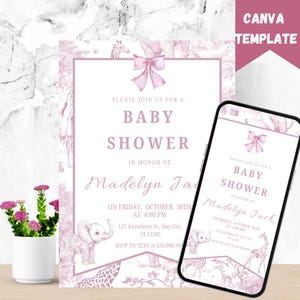 Pink Toile Safari Baby Shower Invitation Set, Safari Animal Baby Girl Shower Digital Invite, Toile de Jouy Baby Shower Invite vintage Safari