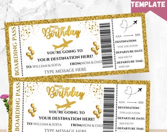 Modello di carta d'imbarco per viaggio a sorpresa: biglietto di vacanza di compleanno modificabile