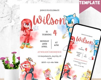 Aquarell Sonic Geburtstagseinladung: Bearbeitbare Vorlage mit Dankeschön-Tags