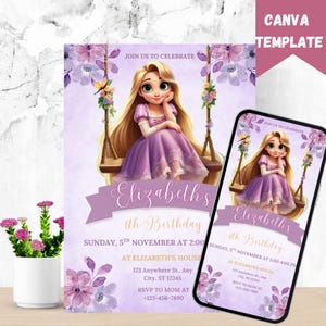 Editable Rapunzel Birthday Invitation, Princess Birthday Invitation, Birthday Tangled Invitation, Digital Evite, Canva Template