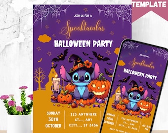 Stitch Halloween Birthday Invitation: Editable Canva Template (Digital Download)