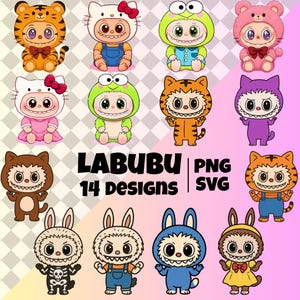 Set di clipart SVG PNG di Labubu Designs, 14 disegni di mostri SVG png, arte a sublimazione per magliette, creature carine e inquietanti, download digitale