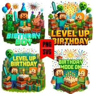 Può includere: Una collezione di illustrazioni digitali colorate a tema compleanno. Le immagini presentano personaggi, torte, regali e testo che recita "Birthday Boy", "Level Up Birthday" e "Birthday Mode On". Lo stile ricorda un popolare videogioco.