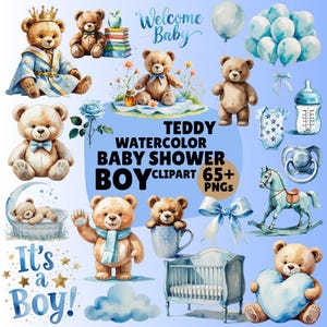 Watercolor Teddy Bear Clipart Bundle: Light Blue Nursery Art (60 PNGs) (Digital Download