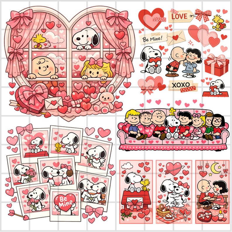May include: A collection of Valentine's Day-themed illustrations featuring Snoopy and the Peanuts gang. The images include Snoopy holding hearts, exchanging kisses, and sitting on a pink couch. Pink hearts and bows decorate the scenes.