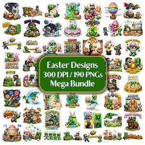 Op de afbeelding: Een verzameling kleurrijke digitale ontwerpen met Pasen als thema. De afbeeldingen tonen gepixelde karakters, paaseieren, konijntjes en de tekst "Easter Designs 300 DPI / 190 PNGs Mega Bundle". De ontwerpen zijn levendig en geschikt voor diverse knutselprojecten.