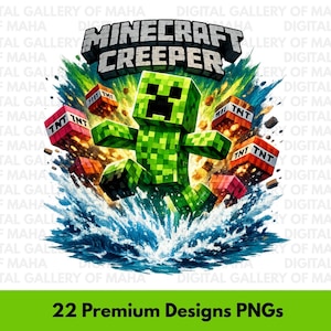 Può includere: Illustrazione digitale di un Creeper verde pixelato di Minecraft, circondato da blocchi di TNT ed effetti d'acqua. Le parole "Minecraft Creeper" sono in alto. La parte inferiore dell'immagine recita "22 Premium Designs PNGs".