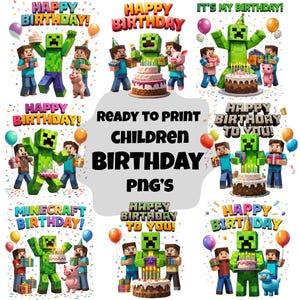 Pacchetto PNG di compleanno / Clipart per feste di compleanno di Creeper / PNG per sublimazione di compleanno per ragazzi / Stampabile per feste di bambini con giocatori / PNG per feste di torte