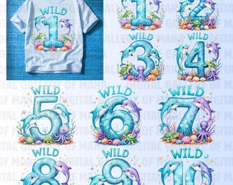 May include: A white t-shirt and digital illustrations featuring the word "WILD" and numbers 1-10. Each design includes dolphins, sea turtles, and other marine life in shades of blue and purple, perfect for a birthday theme.